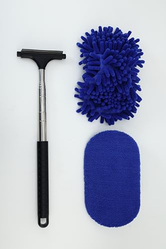 40“ Autowaschbürsten-Kit mit einziehbarem langem Griff, 3-in-1 Mikrofaser-Reinigungsbürsten-Kit Auto-Glasschaber für Auto Wohnmobil-LKW (blau) von jovant