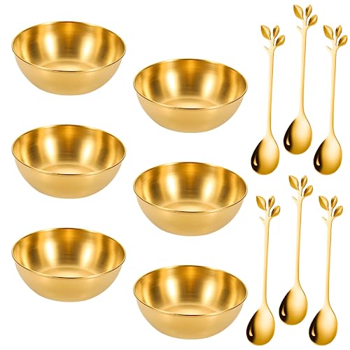 HOMEJOY 6 Stück Goldene Soßenschale Edelstahl Kleine Servierschalen Essig Servierschalen Mini Dipschalen mit 6 Löffel für Dessert Saucen Frittes Sojasauce Ketchup Gewürze von HOMEJOY