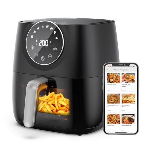 joyami Heißluftfritteuse XXL 5,7L Airfryer Fritteuse Heissluft Ohne Fett, mit Touch-Screen-Steuerung 100+ Kostenlose Rezepte Transparentes Fenster Heissluftfriteuse mit 8 Programmen 1700W, Schwarz von JOYAMI