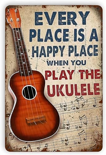 joysperous Blechschilder, Vintage, lustiges Ukulelen-Metall-Blechschild, Aufschrift "Every Place is A Happy Place When You Play The Ukulele", Retro-Kunst-Dekor für Zuhause, Schlafzimmer, Bar, Café von joysperous