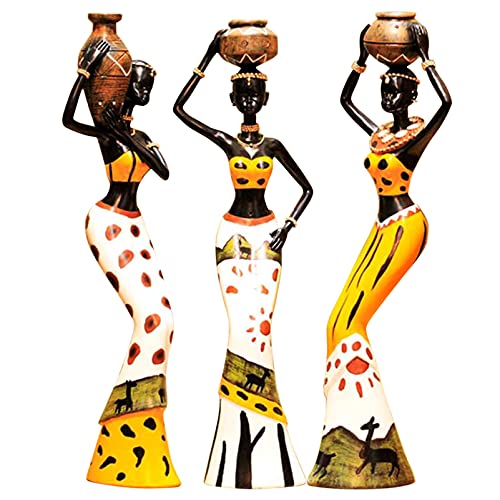 3-teiliges Set afrikanische Frauen Figur Kunststatuen Mädchen Tribal Lady Figur Statue Dekor Sammlerstück Kunststück Vintage Geschenk Handwerk Puppe Ständer W4545-3pcs gelb von Juanxian