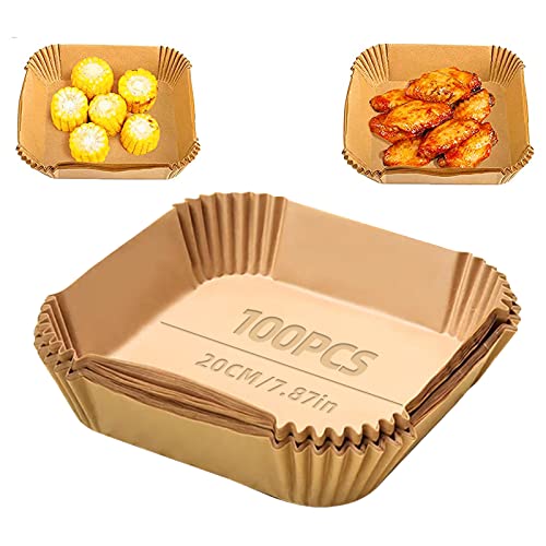 100 Stück Backpapier für Heißluftfritteuse, Airfryer Backpapier Antihaft Wasserdicht Ölfest Einwegschalen Luftfritteuse Pergamentpapier Liner für Heißluftfritteuse（20CM） von juingio