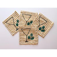 Cocktailservietten Aus Leinen Martini Auf Senfgelbem Vichykaro. Handblock Gedruckt. Boho Dekor. Einweihungsgeschenk. Getränke. Party von juliepeach