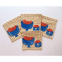 Cocktailservietten Aus Leinen Orange Schale Auf Senffarbenem Vichykaro. Handblock Gedruckt. Boho Dekor. Einweihungsgeschenk. Getränke. Party von juliepeach