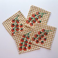 Cocktailservietten Aus Leinen Tomaten Auf Senffarbenem Vichykaro. Handblock Gedruckt. Boho Dekor. Einweihungsgeschenk. Party-Italien Tomate von juliepeach