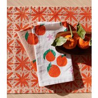Leinen Servietten. Weiße Mandarinen. Handblock Gedruckt. Tischsets/Geschirrtuch. Küstennah. Boho Dekor. Beschenkte Gastgeschenk. Muttertag von juliepeach
