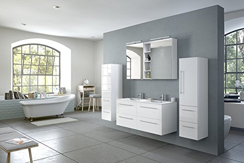 SAM Badmöbel-Set Villa 4-TLG, Hochglanz weiß, Softclose Badezimmermöbel, Doppelwaschplatz 120 cm Mineralgussbecken, Spiegelschrank, Zwei Hochschränke, 4 teilig von junado