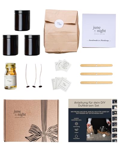 juneBYnight Kerzen Selber Machen Set, DIY Kerzenherstellung Kit für Starter Dufkerzen Geschenke, Sojawachs, Kerzenglas mit Deckel, Kerzendochte, Dochtaufkleber & ätherisches Öl - 3x180ml Vanille-Nuss von juneBYnight MORGANIC EMOTIONS