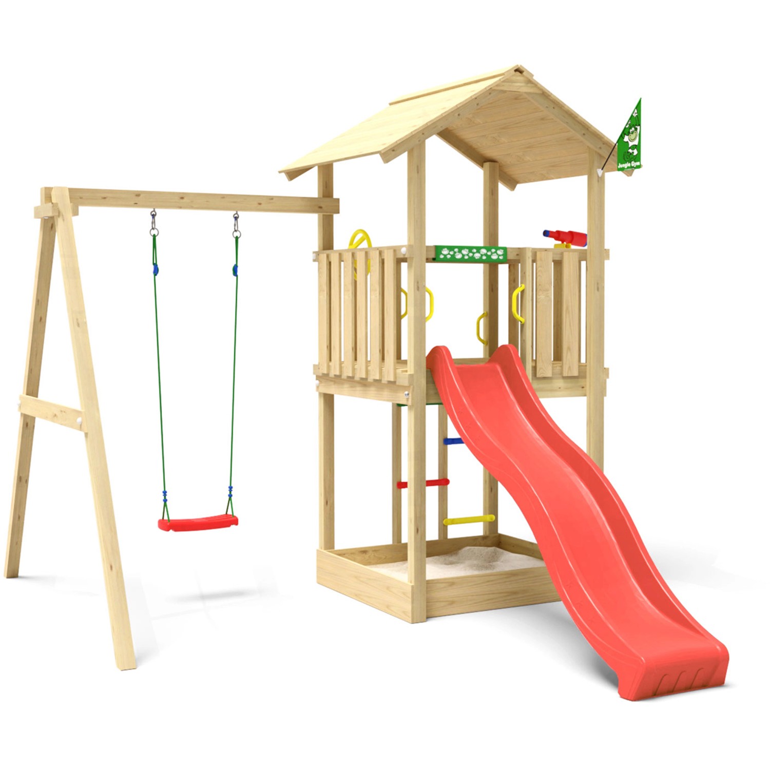 Jungle Gym Spielturm Beacon Holz mit Einzelschaukel Rutsche Rot von jungle gym