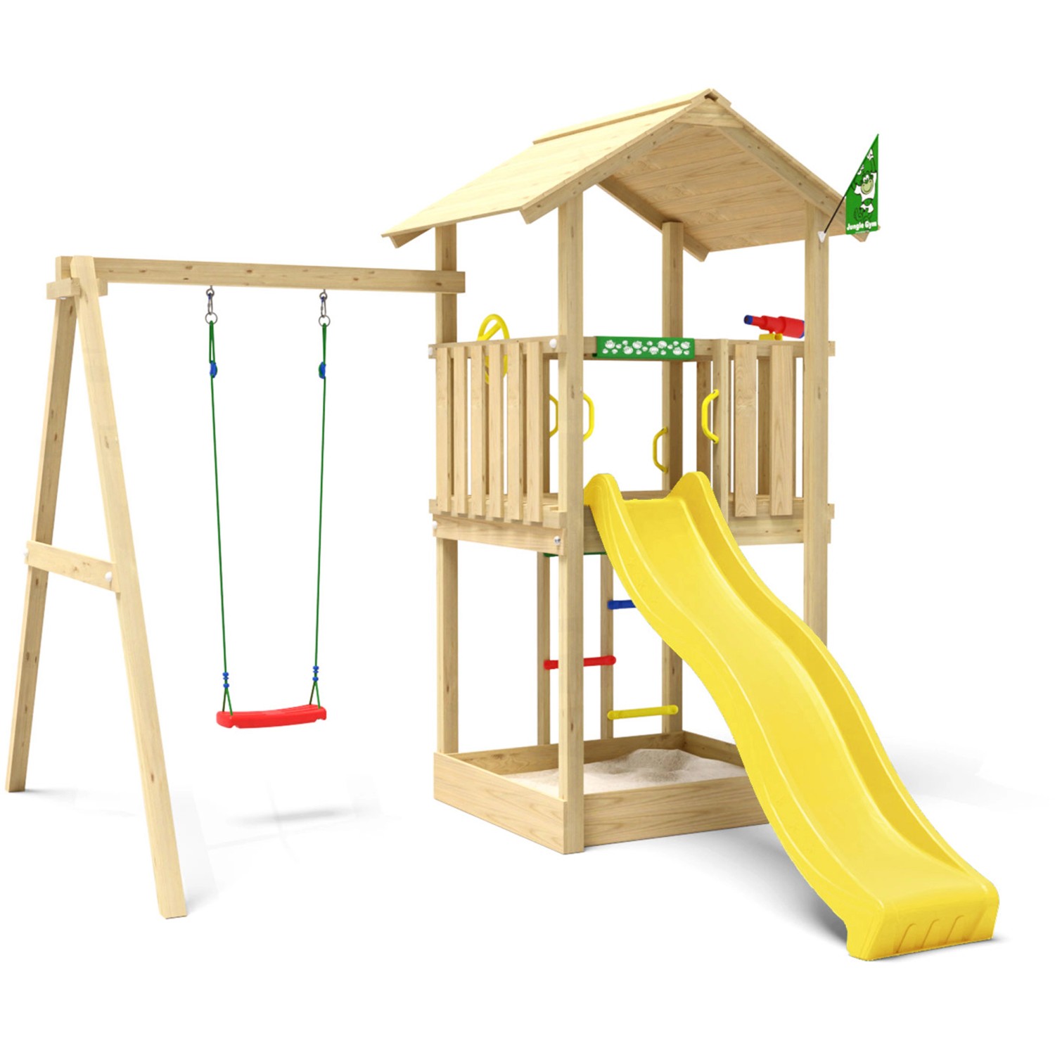 Jungle Gym Spielturm Beacon Holz mit Einzelschaukel und Rutsche Gelb von jungle gym