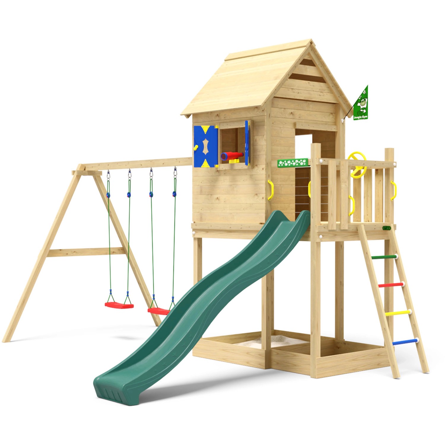 Jungle Gym Spielturm Holz Hideout Dach 2 Schaukeln Fensterl. Rutsche Dunkelgr. von jungle gym