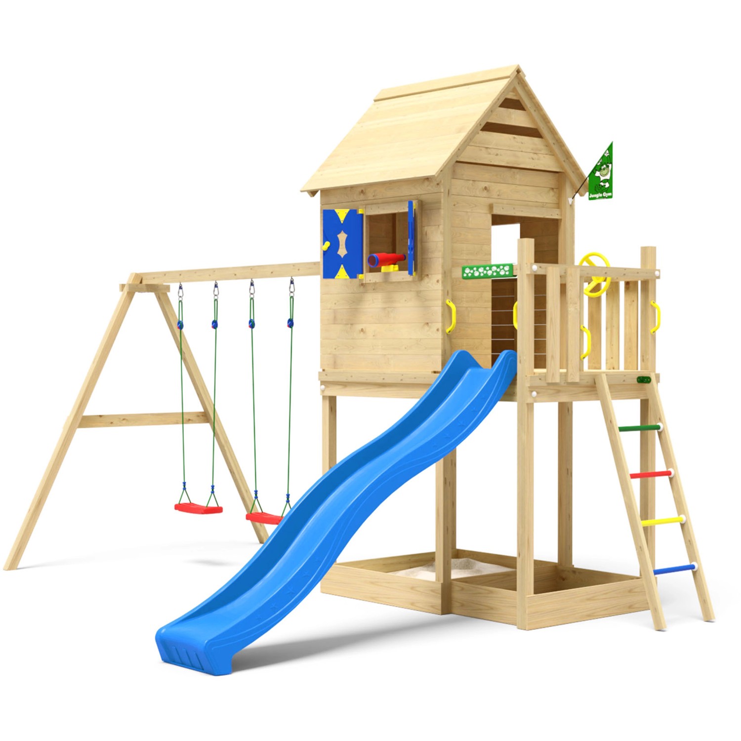 Jungle Gym Spielturm Holz Hideout mit Dach 2 Schaukeln Fensterl. Rutsche Blau von jungle gym