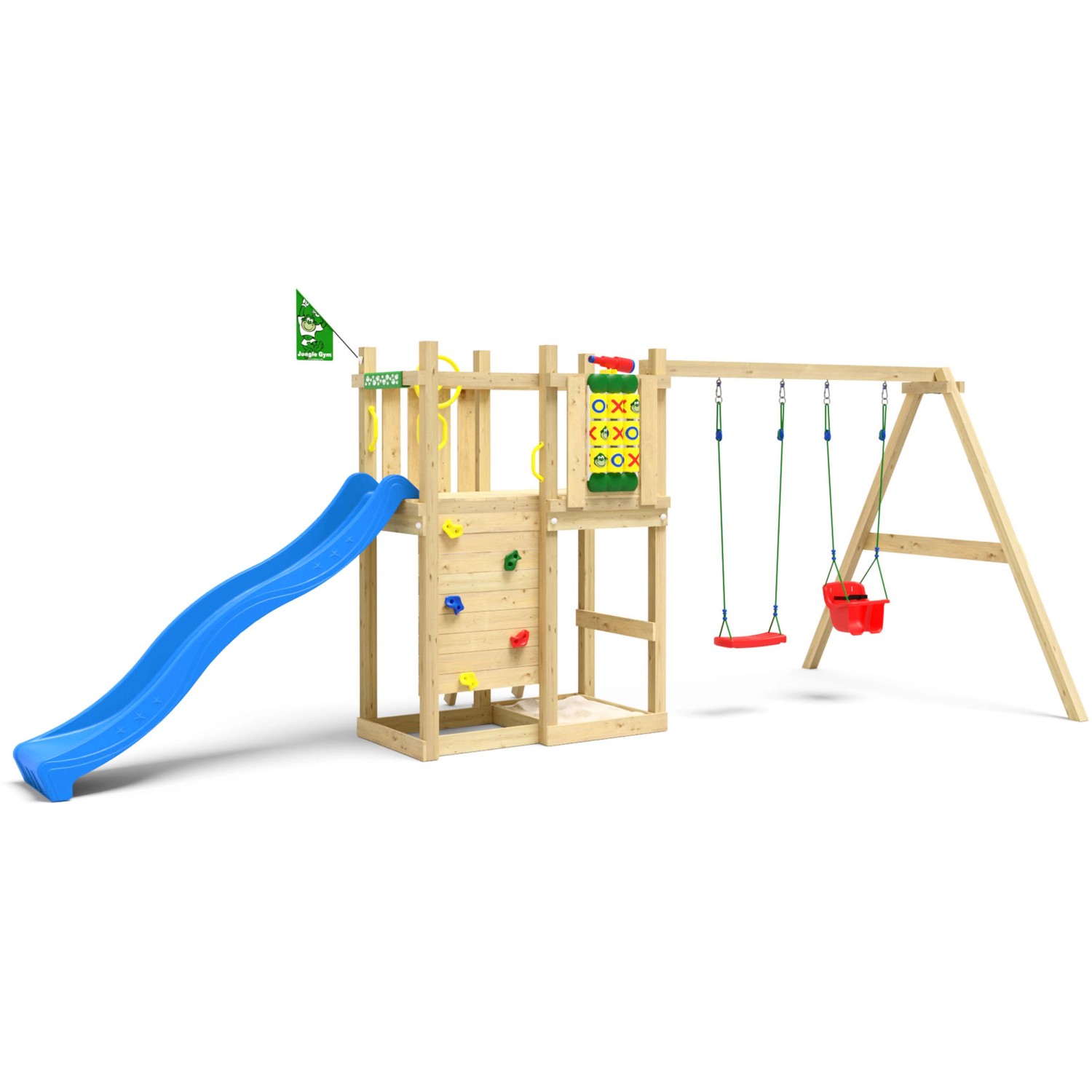 Jungle Gym Spielturm Ledge Holz mit Doppelschaukel Tic Tac Toe Rutsche Blau von jungle gym