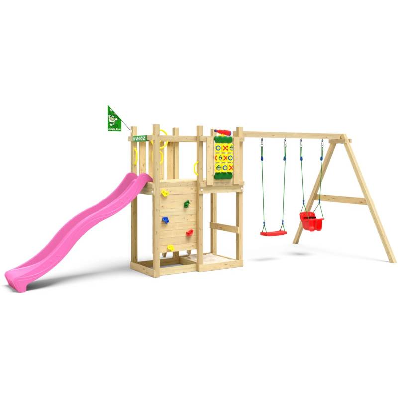 Jungle Gym Spielturm Ledge Holz mit Doppelschaukel Tic Tac Toe Rutsche Fuchsia von jungle gym