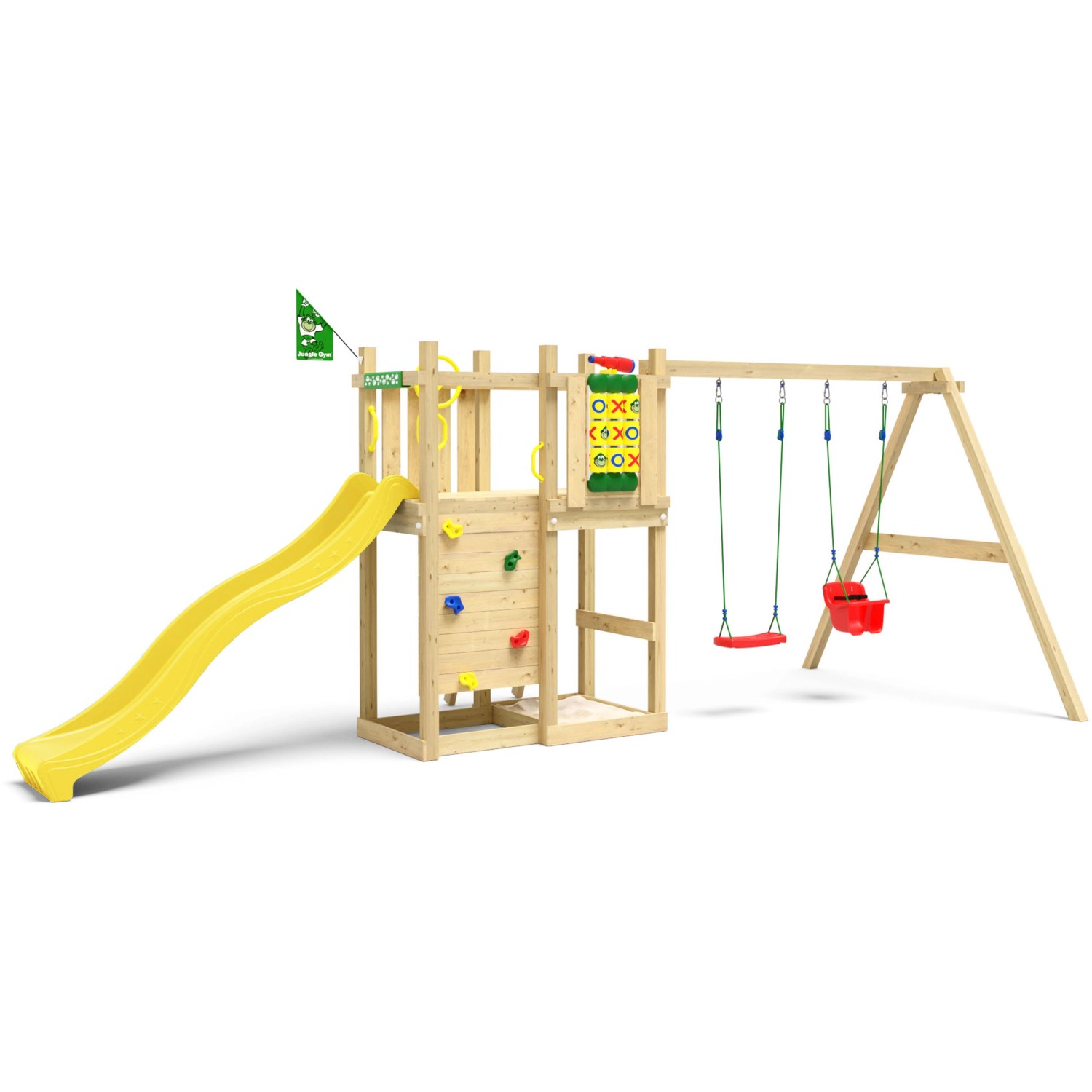 Jungle Gym Spielturm Ledge Holz mit Doppelschaukel Tic Tac Toe Rutsche Gelb von jungle gym