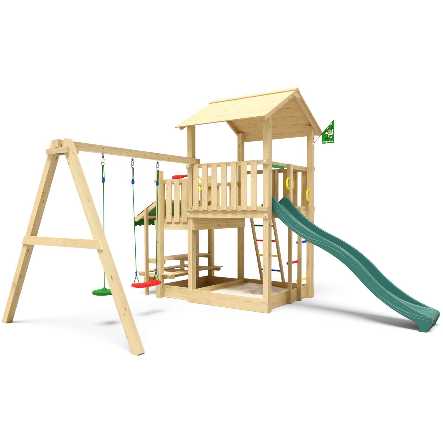 Jungle Gym Spielturm Skyline Holz Picnic Modul Doppelschaukel Rutsche Dunkelgrün von jungle gym