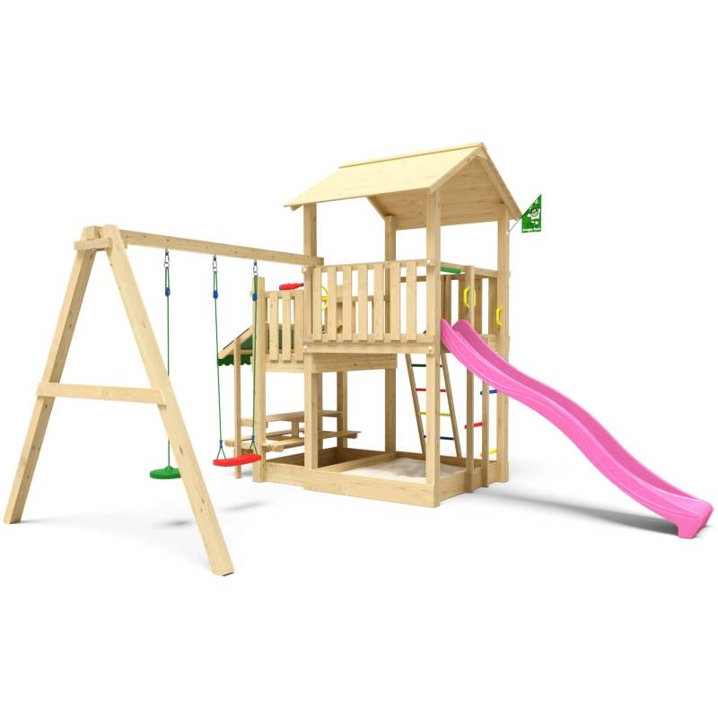Jungle Gym Spielturm Skyline Holz Picnic Modul Doppelschaukel Rutsche Fuchsia von jungle gym