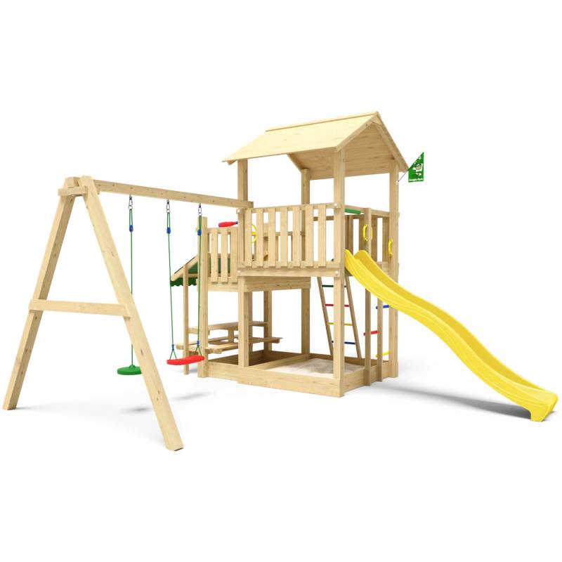 Jungle Gym Spielturm Skyline Holz Picnic Modul Doppelschaukel Rutsche Gelb von jungle gym