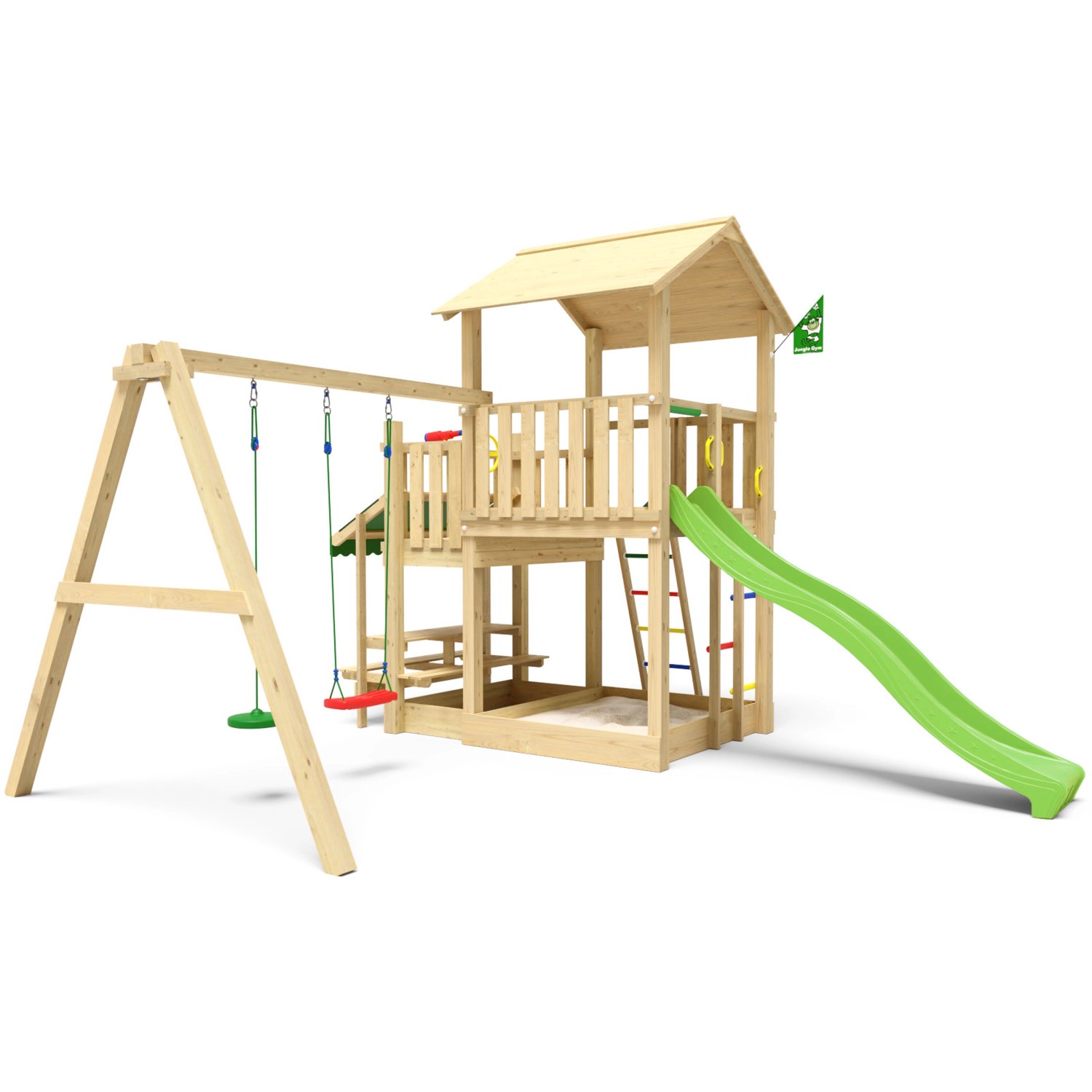 Jungle Gym Spielturm Skyline Holz Picnic Modul Doppelschaukel Rutsche Hellgrün von jungle gym