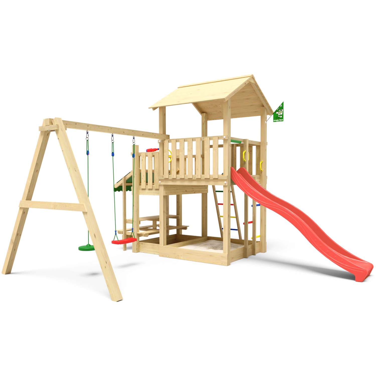 Jungle Gym Spielturm Skyline Holz Picnic Modul Doppelschaukel Rutsche Rot von jungle gym