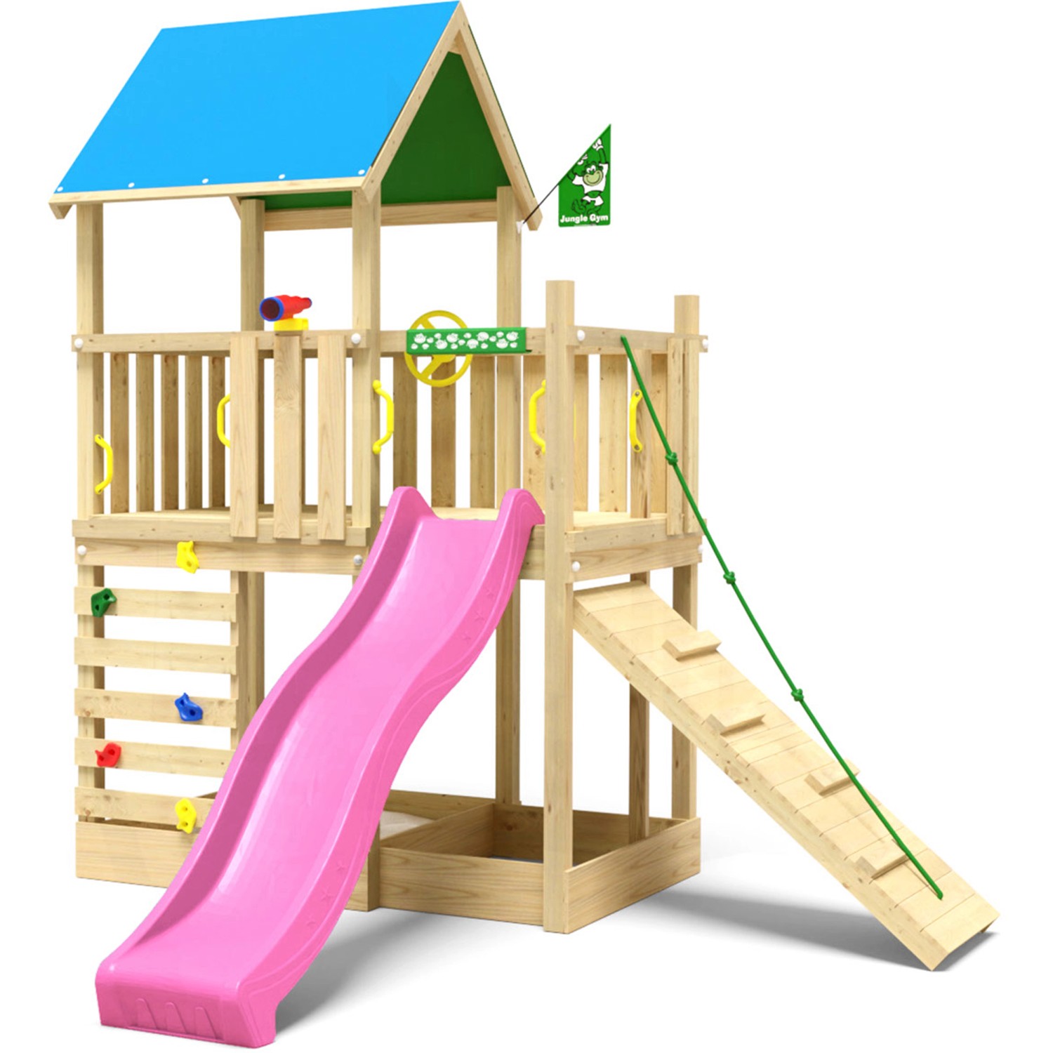 Jungle Gym Spielturm Wonder Holz mit Planendach Kletterrampe Rutsche Fuchsia von jungle gym