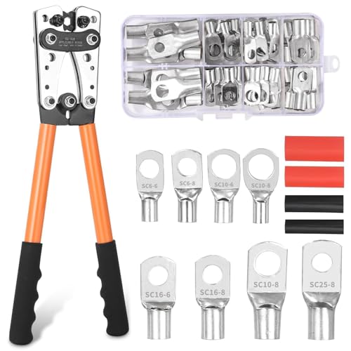 Batteriekabelschuh Crimpzange Set - Groß für 10-1/0 AWG Kabel, 6-50 mm² - Mit 8 Größen, 60 PCS Kupferringklemmen + 60 PCS Kabelschuhe - Zange für Batteriekabel von jutyum