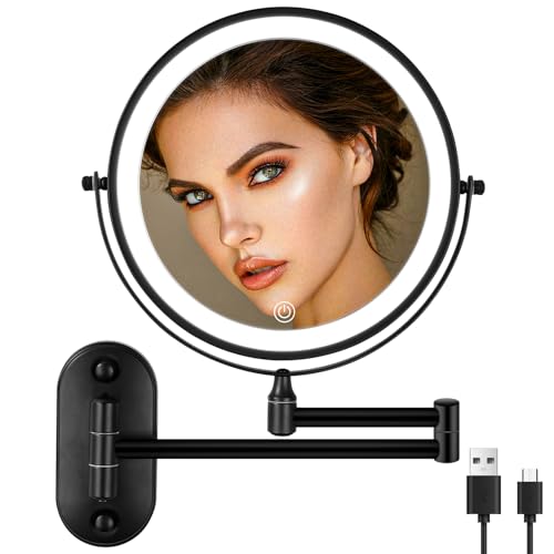 jutyum kosmetikspiegel wandmontage Kosmetikspiegel mit 1X/10X Vergrößerung LED Beleuchtung Spiegel Wandmontage schminkspiegel mit Beleuchtung Dimmbarer Schminkspiegel 3 Farben Cosmetic Mirror Schwarz von jutyum