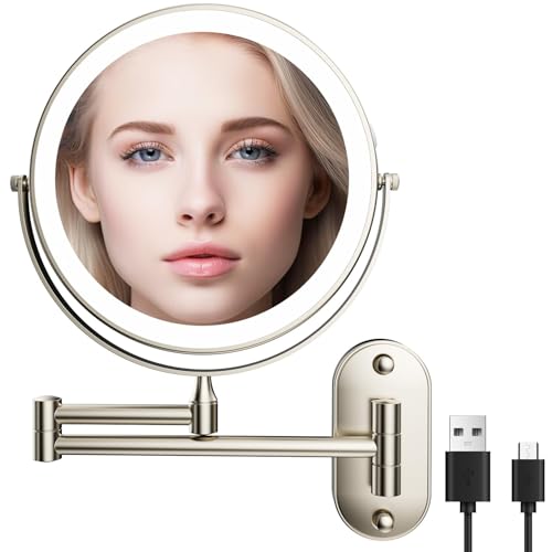 jutyum kosmetikspiegel wandmontage Kosmetikspiegel mit 1X/10X Vergrößerung LED Beleuchtung Spiegel Wandmontage schminkspiegel mit Beleuchtung Dimmbarer Schminkspiegel 3 Farben Cosmetic Mirror von jutyum