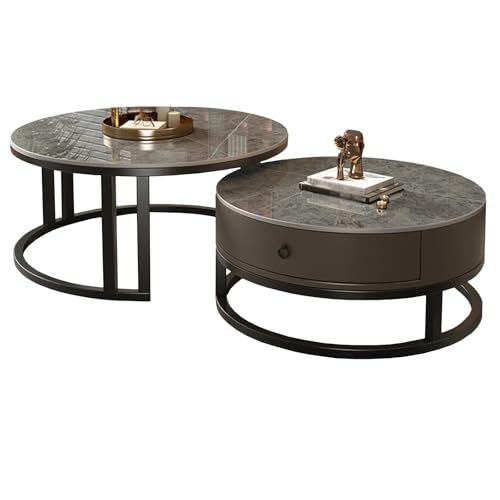 jwfxiaodige Satztisch-Couchtisch, 2er-Set, Wohnzimmertisch Rund mit Schublade, Hochharte, Glänzende Steinplatte, Geräuschlose Schublade aus Massivholz, Freies Kombinationsdesign(Gray) von jwfxiaodige