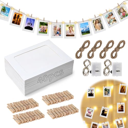 40 Foto Girlande 10 x 15 cm, Fotogirlande mit Holzklammen, Papier Bilderrahmen weiß 6 in, Fotos Aufhängen DIY Kraftpapier Bilderrahmen mit 40 Stück Holz Pegs für Geburtstag Hochzeit Party Wand Deko 40 Foto Girlande 10 x 15 cm, Fotogirlande mit Holzklammen, Papier Bilderrahmen weiß 6 in, Fotos Aufhängen DIY Kraftpapier Bilderrahmen mit 40 Stück Holz Pegs für Geburtstag Hochzeit Party Wand Deko von jwogngls
