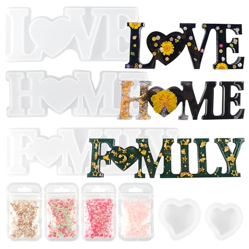 9 Stück Epoxidharz Formen Set, Resin Gießharz Silikonform 3D Love Home Family Live, 3D Harz Gießen Formen Set mit 2 Herz und Pailletten in 4 Formen für Handwerk DIY Dekoration, Festivalgeschenk von jwogngls