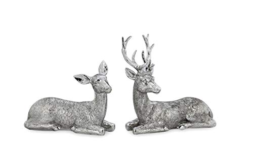 k/A Silberne Hirsche, Dekofiguren liegend, Hirschpaar Silber, 2 teiliges Set mit Felloptik von k/A