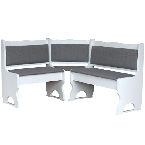 k koma Elegante Polster-Eckbank aus Kiefer Massivholz, Weiß lackiert mit edler Polsterung in Hellgrau, Neu (120 x 200) von k koma