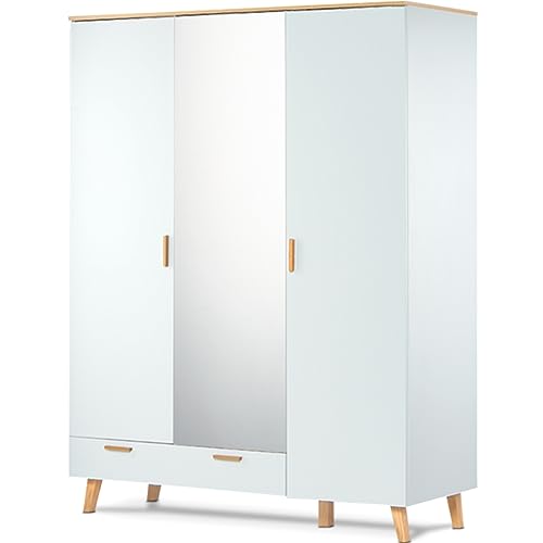 Konsimo Frisk Kollektion Kleiderschrank 195x150x58cm - Weiße Garderobenschrank im Skandinavischen Stil - Kleiderschränke mit Holzbeinen - Mehrzweckschrank aus Holz - Kleiderschrank mit Spiegel von k. konsimo.
