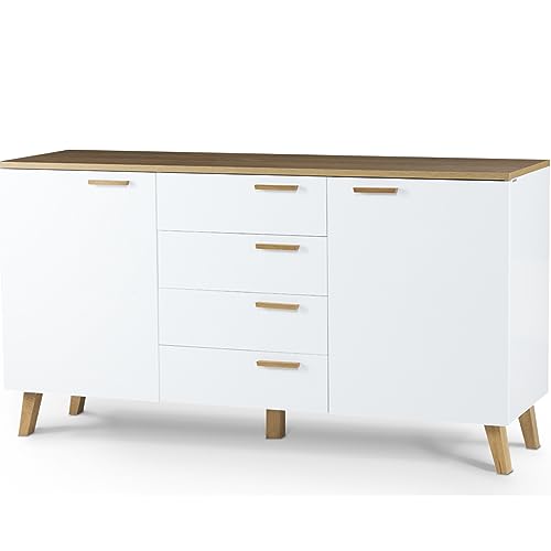 Konsimo Kommode Frisk 150x81x46 cm - Modern Kommode mit Türen und Schubladen - Kommodenschrank mit Griffe und Beine aus Holz - Wohnzimmerschrank für Schlafzimmer Esszimmer - Weiß von k. konsimo.