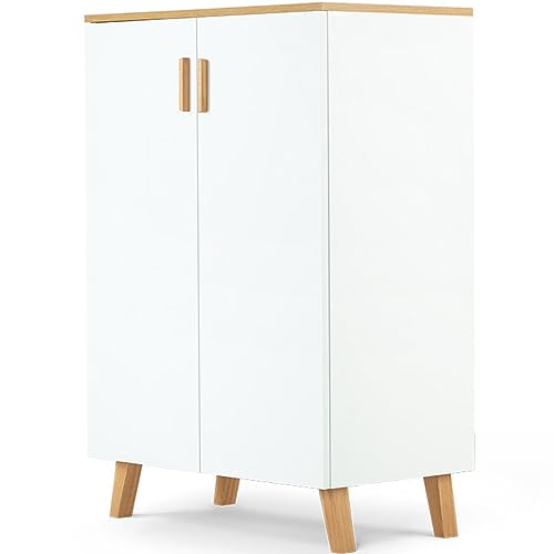 Konsimo Frisk Kollektion Kommode im Skandinavischen Stil - Weiß Schubladenschrank 80x117x46cm - Kommode mit Schränke - Sideboard Wohnzimmer aus Holz - Komodenschrank mit Holzbeinen von k. konsimo.