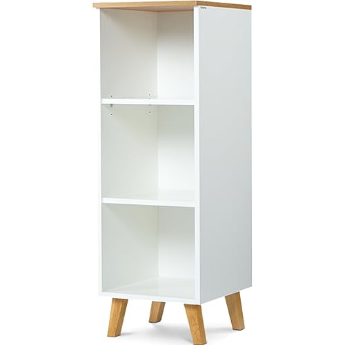 Konsimo Frisk Kollektion Regal - Weiß Bücherregal im Skandinavischen Stil - Standregal für Wohnzimmer oder Schlafzimmer - Robust Regal Holz 40x117x46cm - Bücherschrank mit Holzbeinen von k. konsimo.