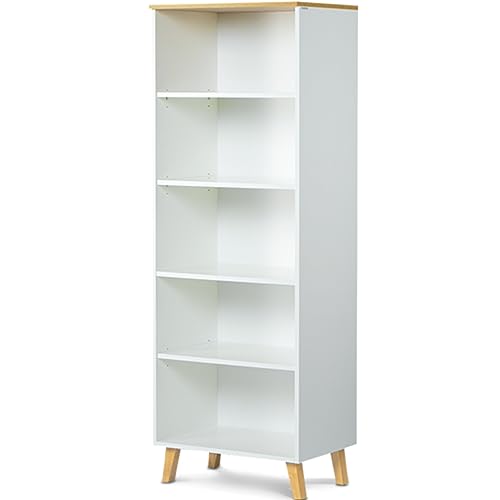 Konsimo Frisk Kollektion Regal - Weiß Bücherregal im Skandinavischen Stil - Standregal für Wohnzimmer oder Schlafzimmer - Robust Regal Holz 65x182x46cm - Bücherschrank mit Holzbeinen von k. konsimo.