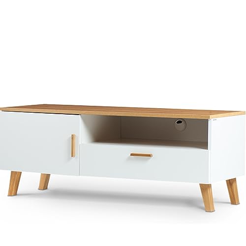 Konsimo Frisk Kollektion TV Schrank 125,2x62,5x46cm - Weiß Sideboard Wohnzimmer im Skandinavischen Stil - Robust Fernsehschrank mit Holzbeinen - TV Tisch mit Schublade aus Holz von k. konsimo.