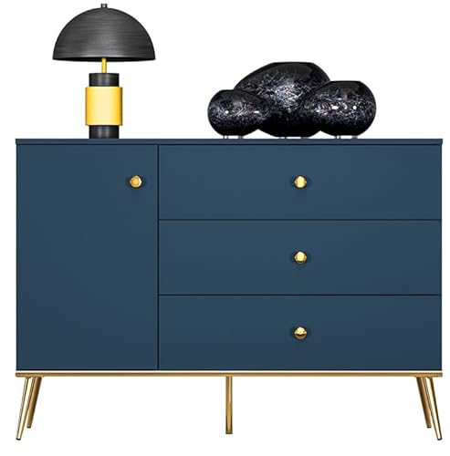 Konsimo Kommode ARICIA 120x85x40 cm - Modern Kommode mit Schubladen und Regale - Elegant Sideboard auf hohen Beinen fur Wohnzimmer und Schlafzimmer - Blau/Gold von k. konsimo.