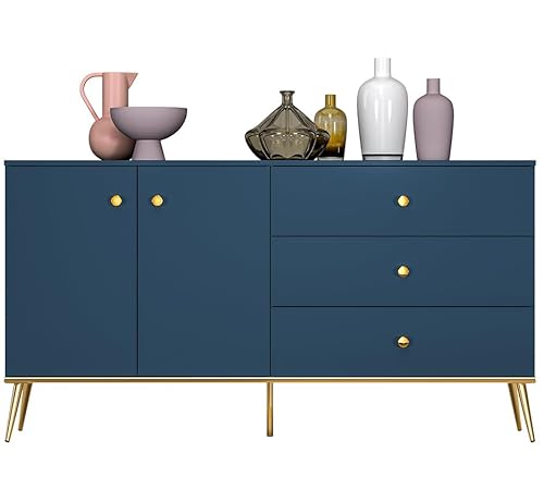 Konsimo Kommode ARICIA 160x85x40 cm - Modern Kommode mit Schubladen und Regale - Elegant Sideboard auf hohen Beinen fur Wohnzimmer und Schlafzimmer - Blau/Gold von k. konsimo.