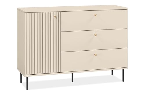 Konsimo Kommode DROMA 120x85x40 cm - Modern Kommode mit Schubladen und Regale - Elegant Sideboard geriffelt fur Wohnzimmer und Schlafzimmer - Creme von k. konsimo.