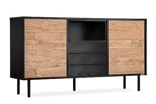 Konsimo Lofty Kommode mit Regalen 151x83,5x41 cm - Kommode für das Wohnzimmer oder Schlafzimmer - Kommode Schwarz aus Holz - Sideboard mit Rillen - Komodenschrank - Version 01 von k. konsimo.