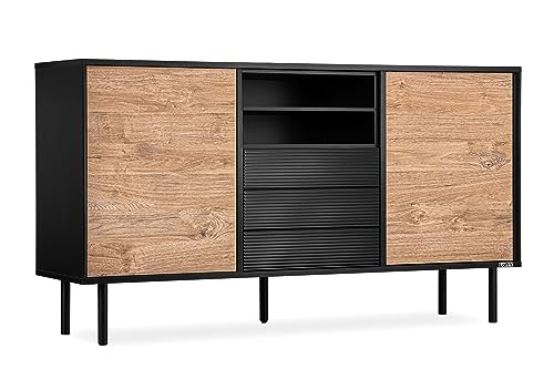 Konsimo Lofty Kommode mit Regalen 151x83,5x41 cm - Kommode für das Wohnzimmer oder Schlafzimmer - Kommode Schwarz aus Holz - Sideboard mit Rillen - Komodenschrank - Version 03 von k. konsimo.