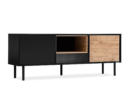 Konsimo Lofty TV-Schrank mit Regal und Türen 151,5x59x41cm - TV-Möbel für Wohnzimmer oder Schlafzimmer - Schwarze Fernsehtisch aus Holz mit Rillen - TV Tisch - Version 2 von k. konsimo.