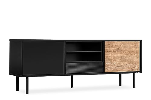 Konsimo Lofty TV-Schrank mit Regal und Türen 151,5x59x41cm - TV-Möbel für Wohnzimmer oder Schlafzimmer - Schwarze Fernsehtisch aus Holz mit Rillen - TV Tisch - Version 3 von k. konsimo.