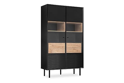 Konsimo Lofty Vitrinenschrank mit Regalen und Türenn 101,5x41x174cm - Glasvitrine für Wohnzimmer oder Schlafzimmer - Wohnzimmerschrank aus Holz mit Rillen - Vitrine Schwarz - Version 2 von k. konsimo.