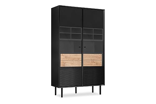 Konsimo Lofty Vitrinenschrank mit Regalen und Türenn 101,5x41x174cm - Glasvitrine für Wohnzimmer oder Schlafzimmer - Wohnzimmerschrank aus Holz mit Rillen - Vitrine Schwarz - Version 5 von k. konsimo.