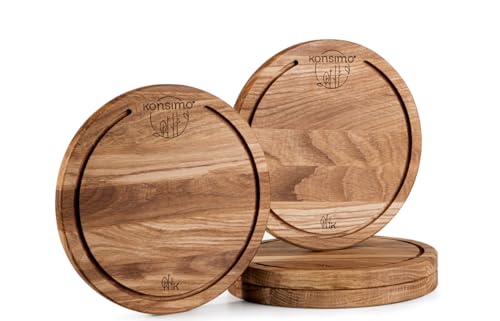 Konsimo Schneidebrett aus Eichenholz 4er Set - Geölt Rund Holzbrett Küche - Schneidbrett mit eingeformter Rille - Cutting Board - Eiche - ⌀ 25 cm von k. konsimo.