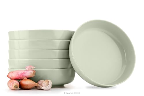 Konsimo. Elegant Suppenteller Set 6er - Schale aus Keramik - Pastateller und Tiefteller für 6 Personen - VICTO Salatteller Mikrowellengeeignet - 18,5 cm - Beige - Grün Matt von k. konsimo.